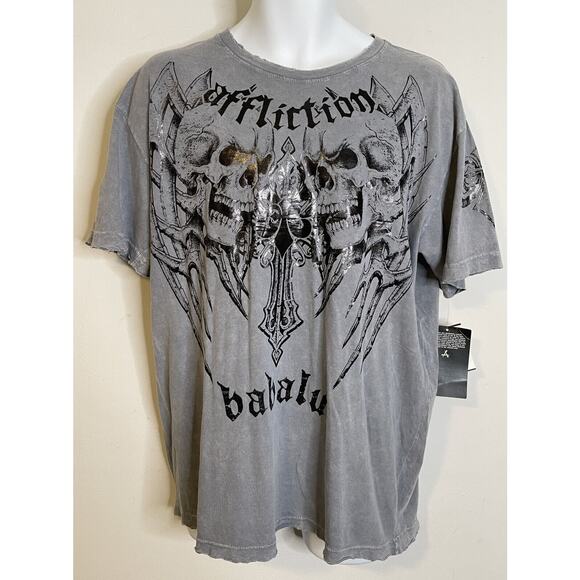 Affliction Gray Skull T Shirt NWT XL Babalu Renato Sobral Skater Streetwear Goth - Picture 2 of 8